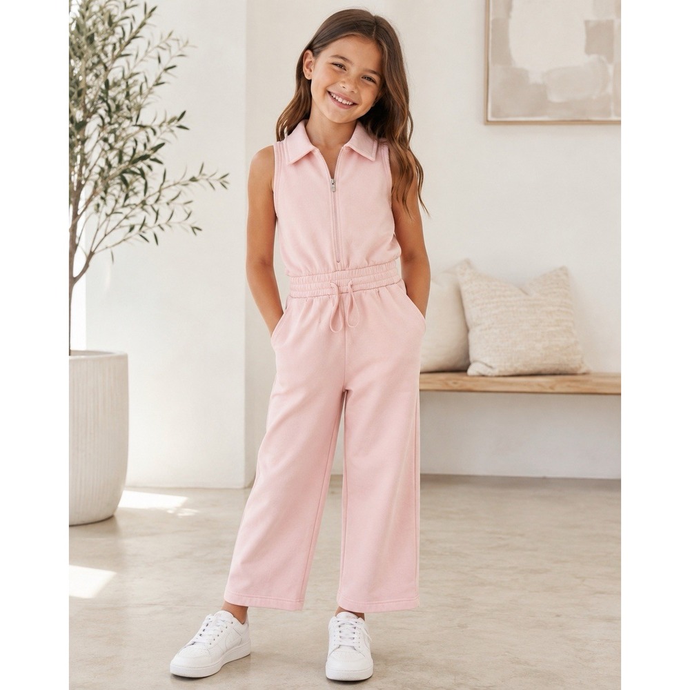 Abercrombie Kids YPB Girls Jumpsuit 7/8 Pink Sweatshirt Wide Leg Zip Front